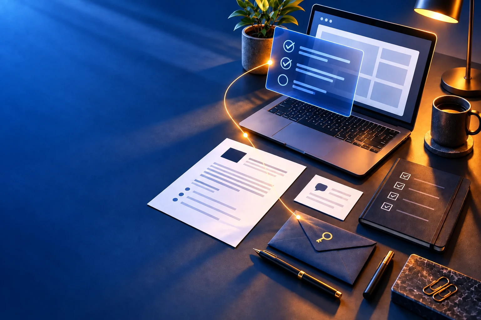Espacio de trabajo ilustrativo con alcance, checklist de revisión y entrega de accesos.
